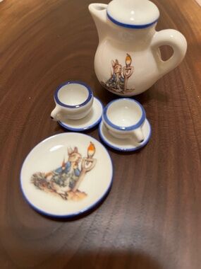 Reutter Miniature Porcelain Tea Set with Blue Trim and Bunny Motif